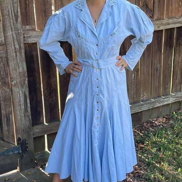 Vintage Dresses & Skirts - Vtg 80s/90s Karen Alexander light blue cotton western dress with‎ silver studs